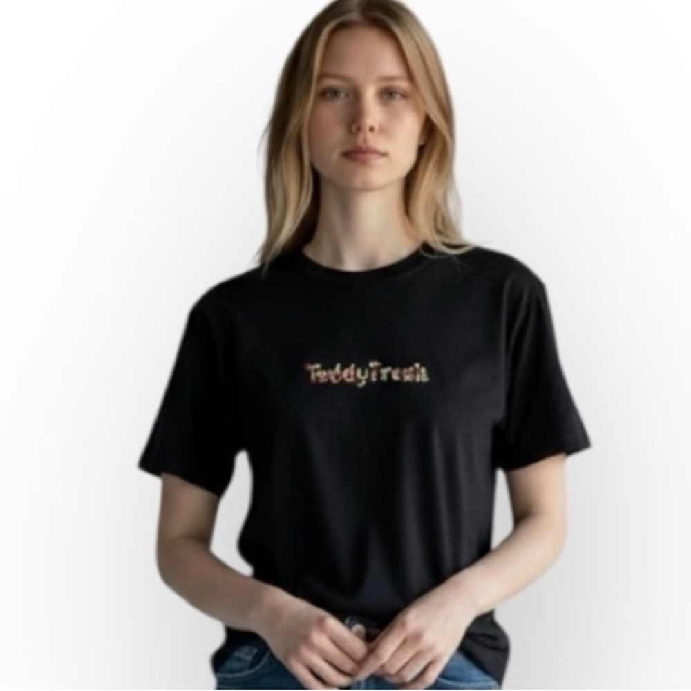 Teddy Fresh Cotton Embroidered Floral Crew Neck T-Shirt Black S Unisex Made USA